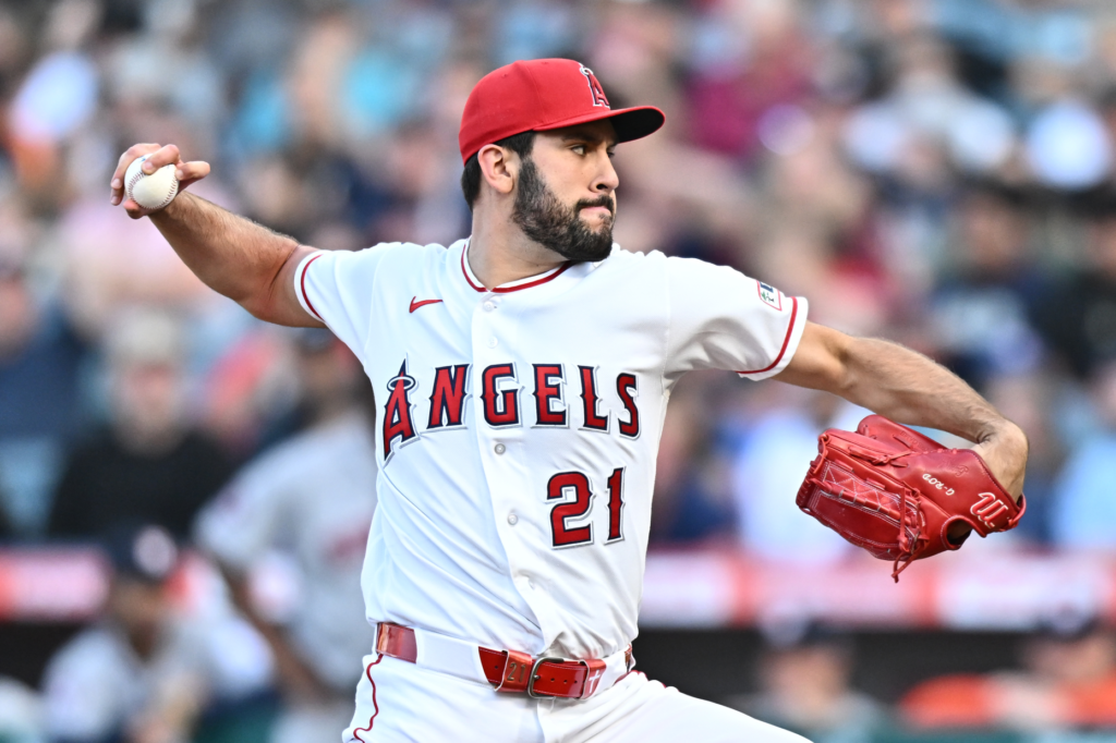 Angels starting pitcher Grayson Rodriguez throws to the plate during...