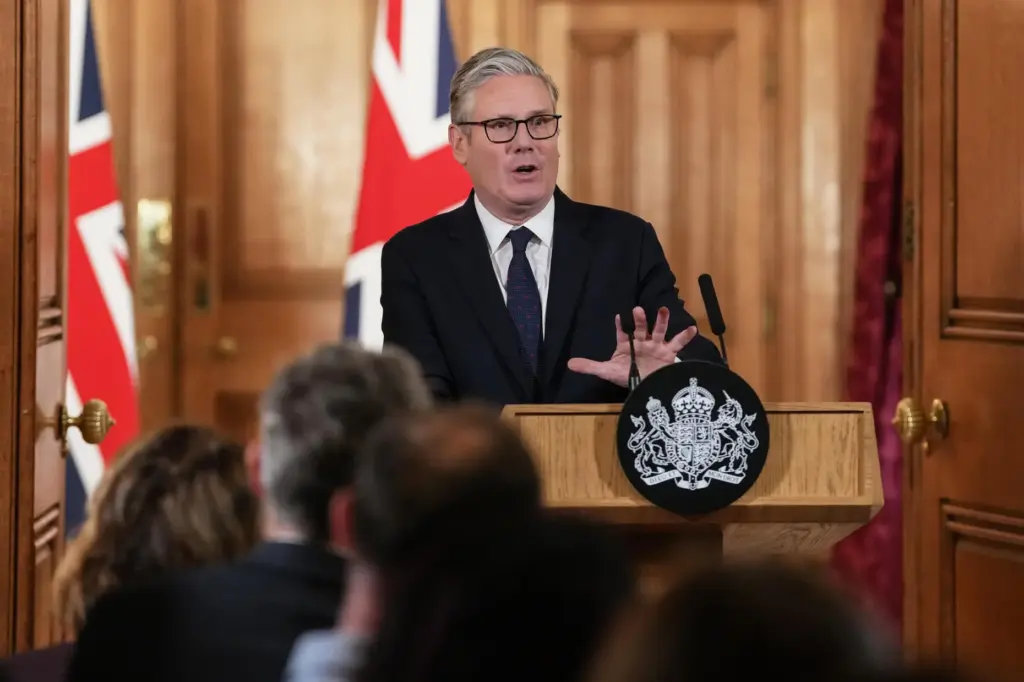 Britain's Prime Minister Keir Starmer attends a news conference.