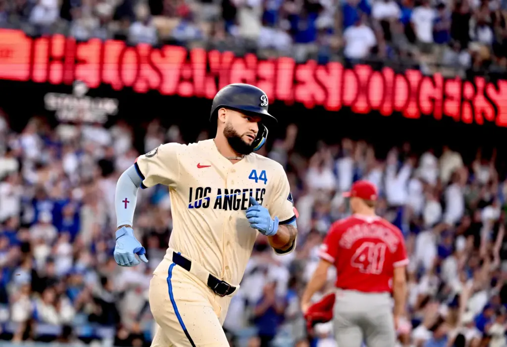 Andy Pages #44 of the Dodgers hits a two run...
