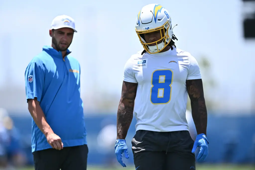 Chargers running back Omarion Hampton (8) looks on during the...
