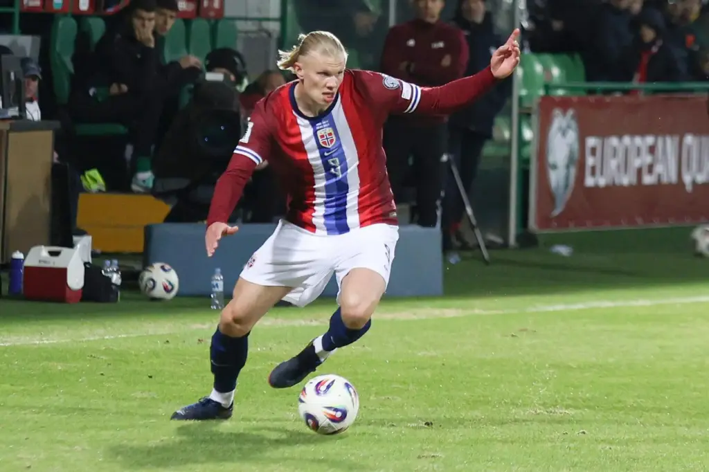 FILE – Norway’s Erling Haaland controls the ball during a...