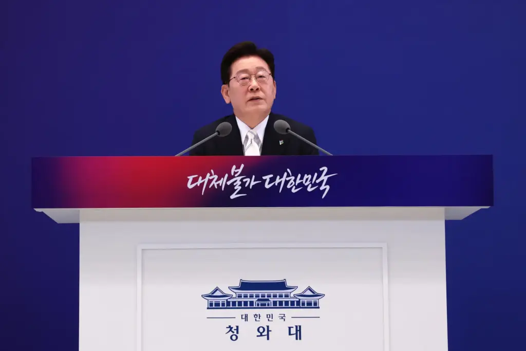 South Korean President Lee Jae Myung speaks during a news conference.