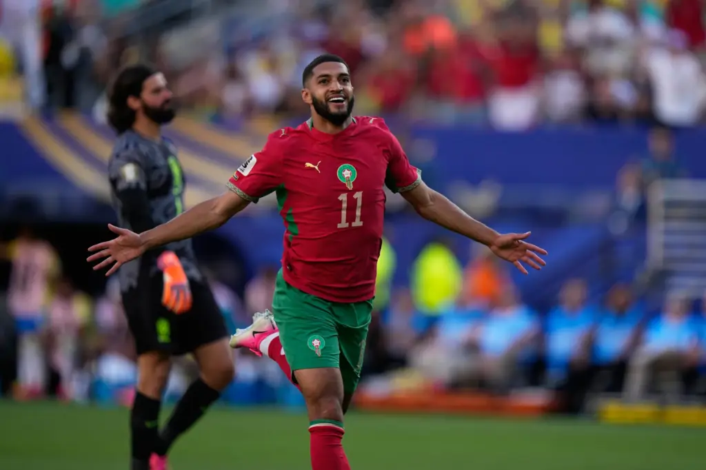 Morocco’s Ismael Saibari celebrates scoring his side’s opening goal against...
