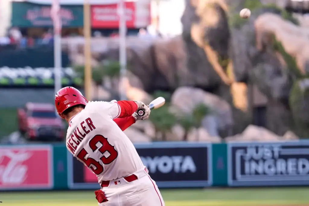 The Angels’ Wade Meckler hits a three-run home run during...