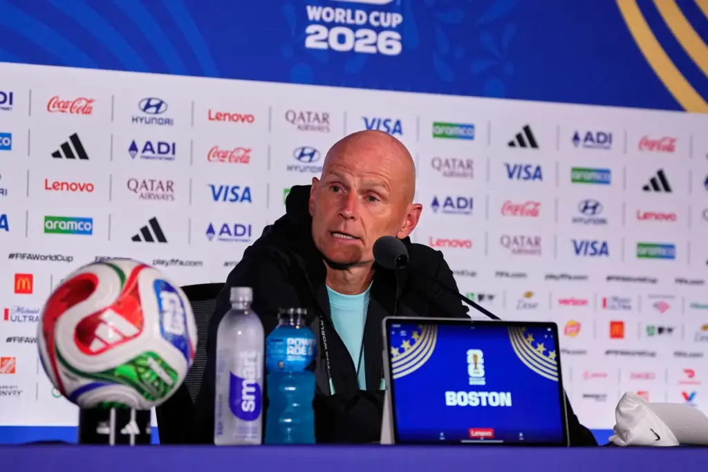 Norway head coach Stale Solbakken talks to the media.