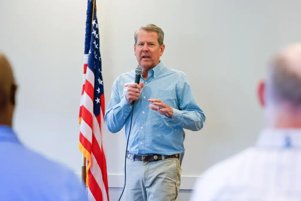 Gov. Brian Kemp speaks during a campaign stop for Republican...