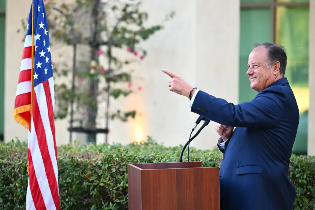 Rancho Santa Margarita Mayor Tony Beall speaks during a ceremony...