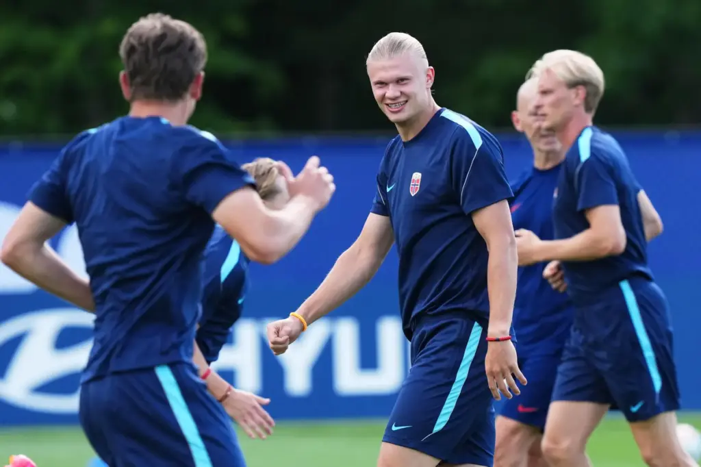Norway's Erling Haaland smiles during a training session.