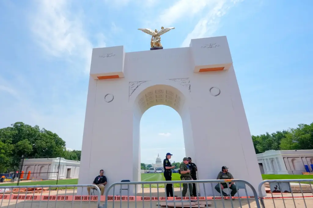 An arch is pictured as preparations continue for the Great American State Fair.