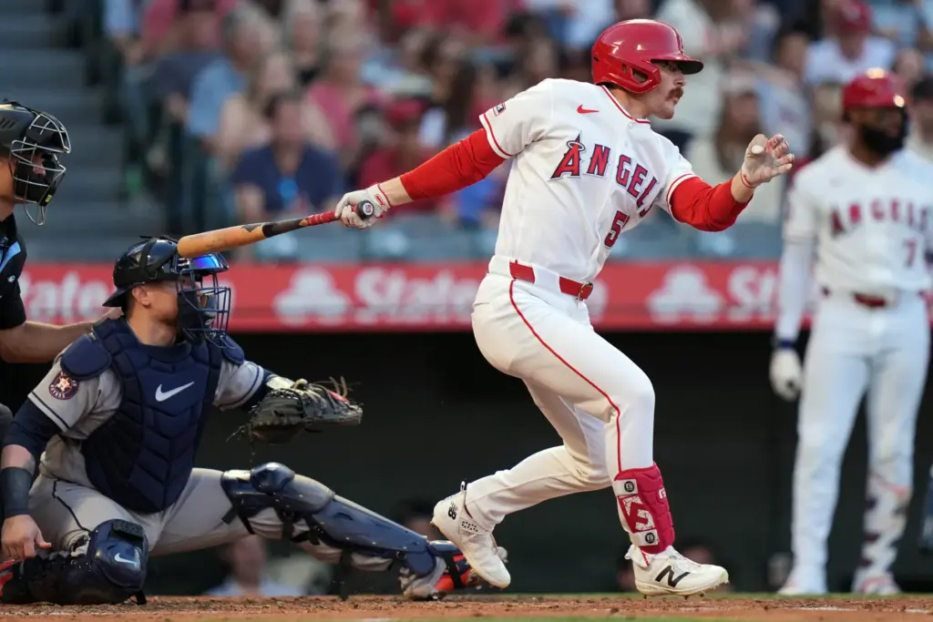 The Angels’ Wade Meckler hits a two-run double during the...