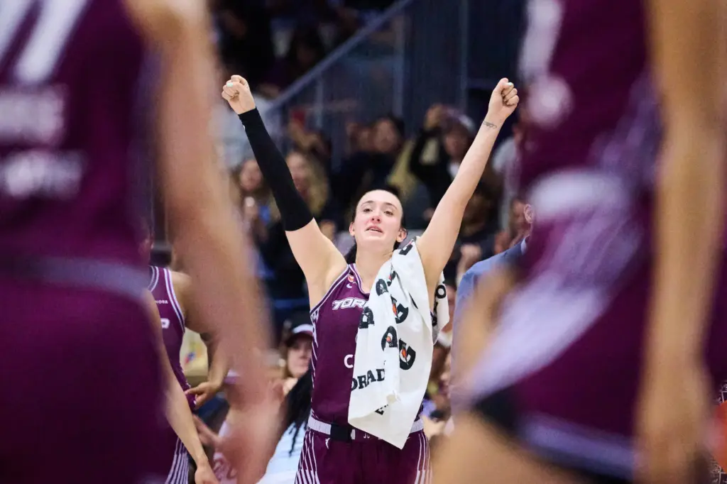 The Toronto Tempo’s Marina Mabrey celebrates after her team’s victory...