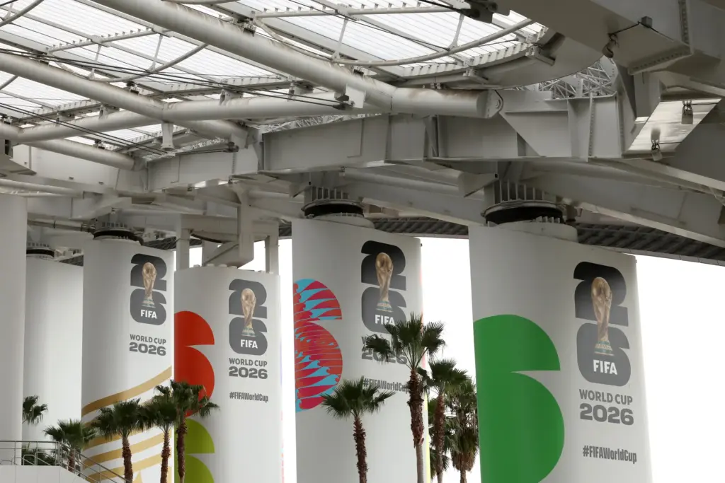 FIFA World Cup 2026 signage at SoFi Stadium in Los...
