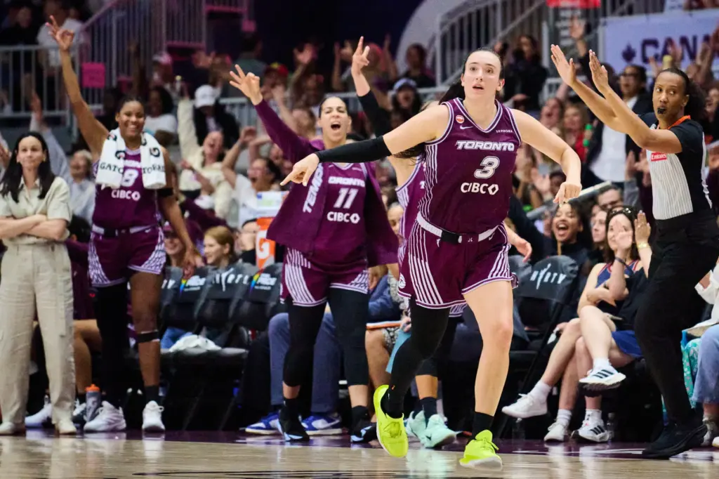 The Toronto Tempo’s Marina Mabrey (3) celebrates with her team...