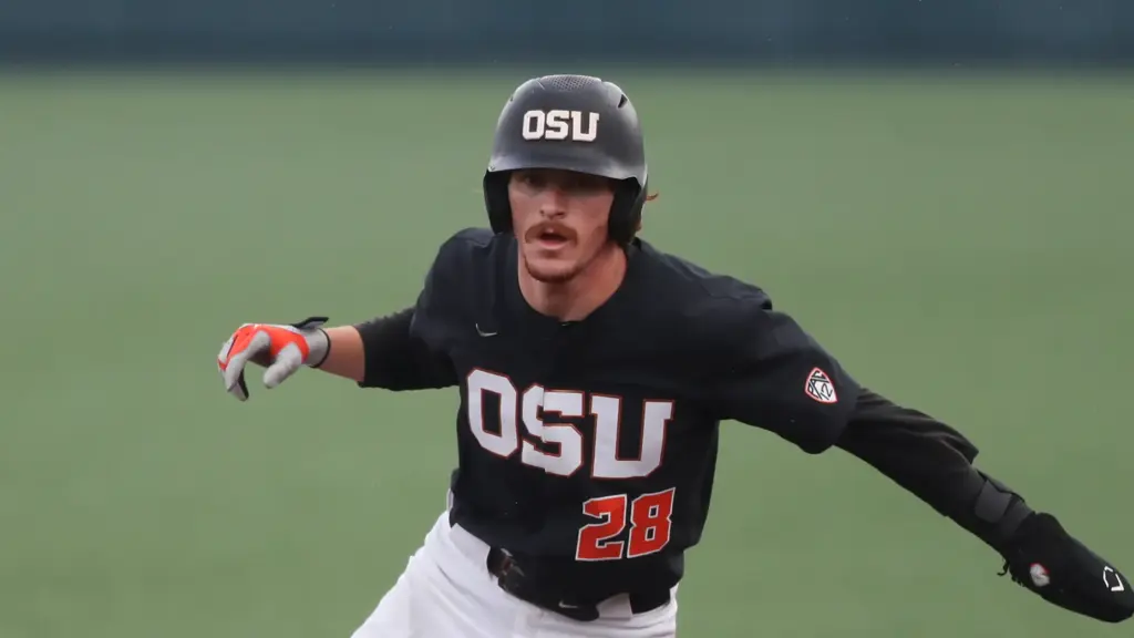 Oregon State outfielder Wade Meckler runs the bases during an...