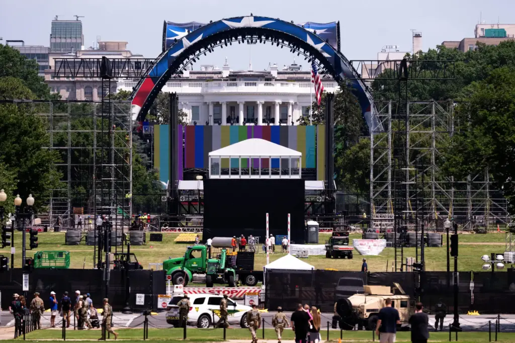 Workers continue building the cage for a future UFC fight...