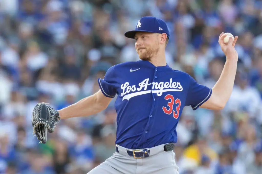 Dodgers starting pitcher Eric Lauer throws to plate during the...