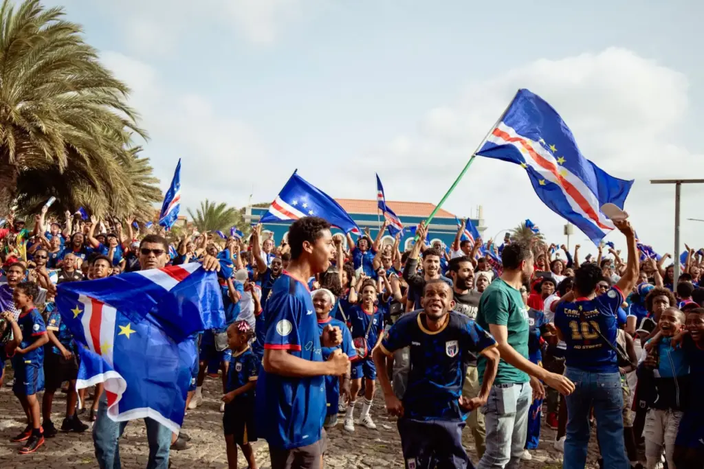 Fans celebrate after the goalless draw between Spain and Cape Verde.
