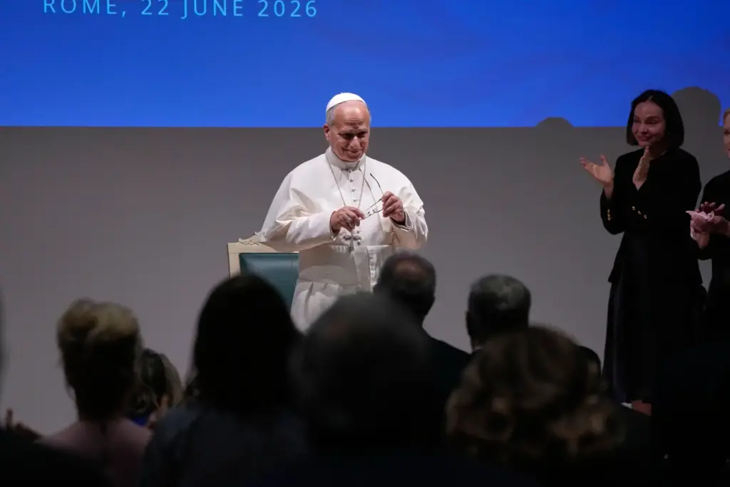 Pope Leo XIV delivers his speech.