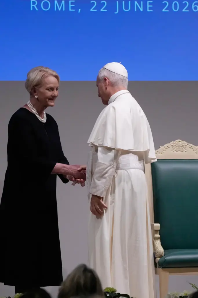 Pope Leo XIV is welcomed by Former WFP Executive Director Cindy McCain.