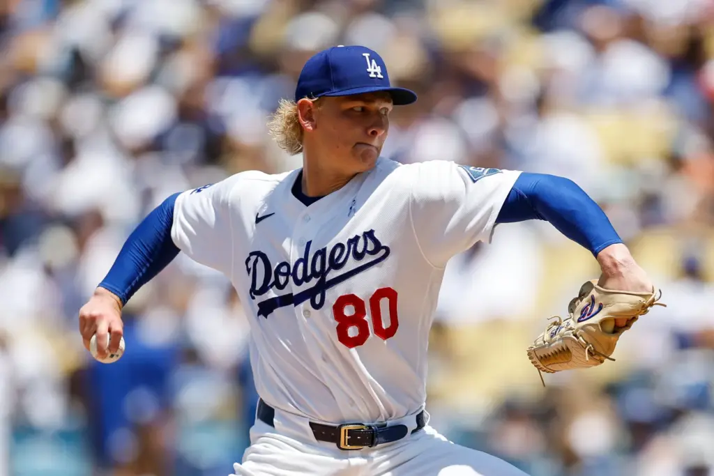 Dodgers starting pitcher Emmet Sheehan throws during the third inning...