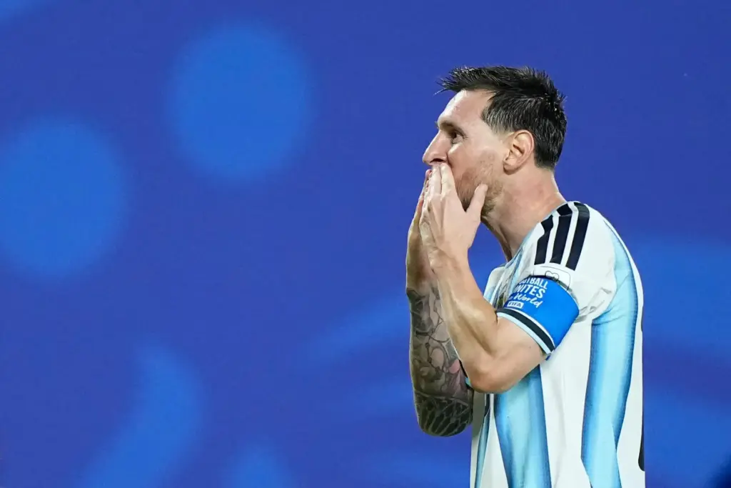 Lionel Messi reacts after scoring his third goal in Argentina's World Cup opener.