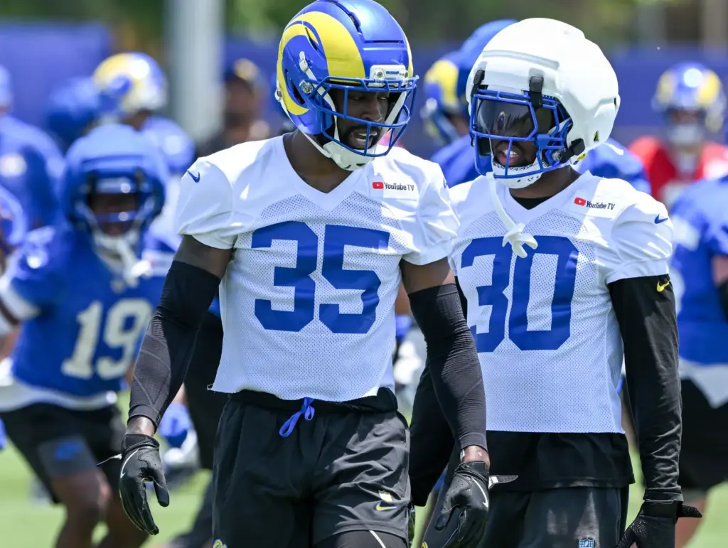 Rams cornerback Jaylen Watson (35) walks on the field during...