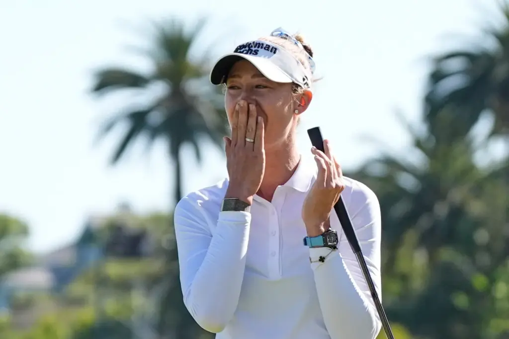 Nelly Korda reacts after winning the U.S. Women’s Open golf...
