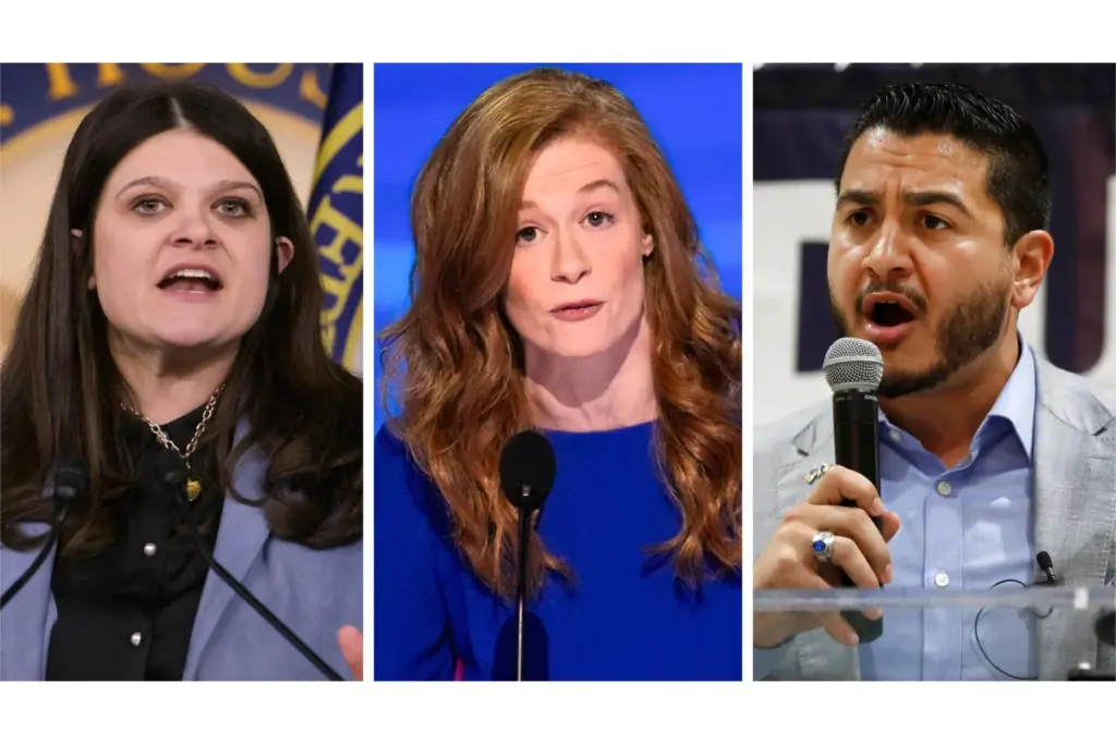 This combination of photos shows Rep. Haley Stevens, state Sen. Mallory McMorrow and Abdul El-Sayed.