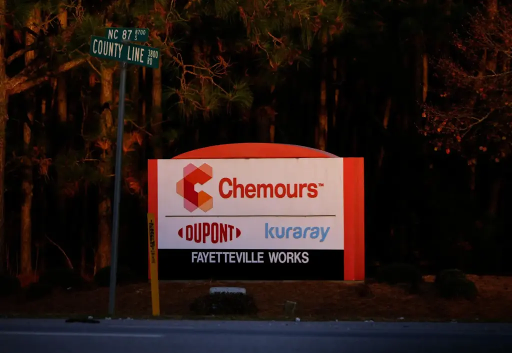 A sign is displayed at the entrance of Chemours Company, Fayetteville Works.
