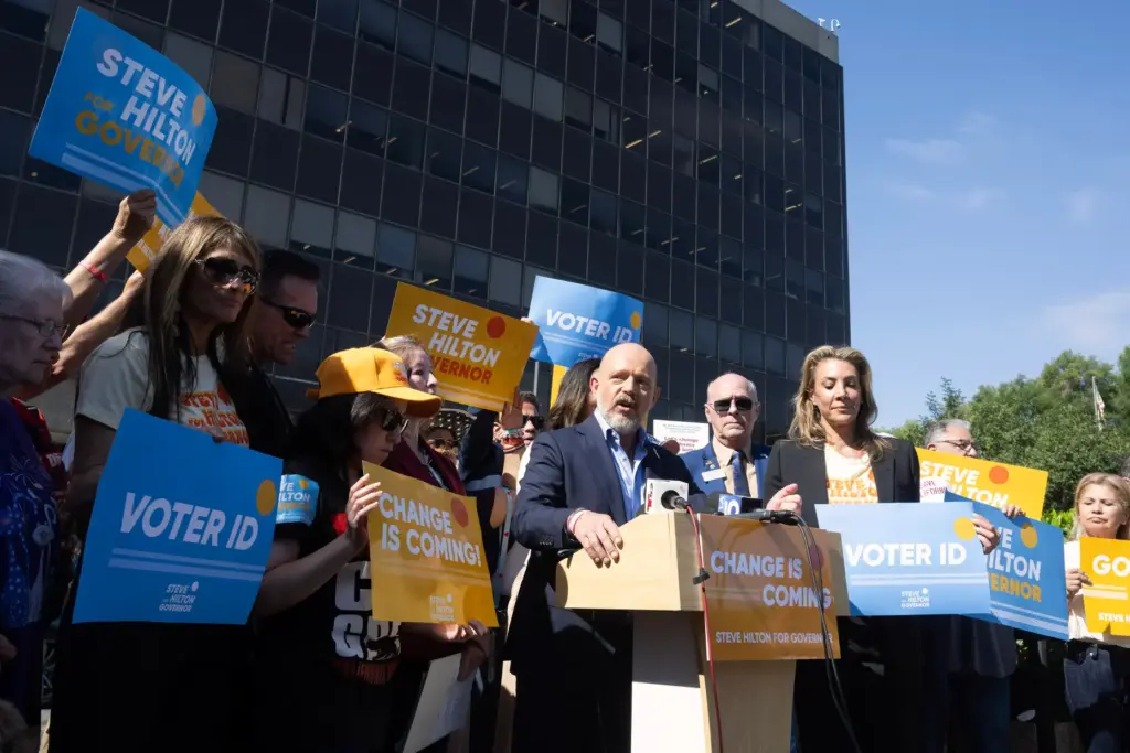 Steve Hilton, a Republican candidate for governor, speaks during a...