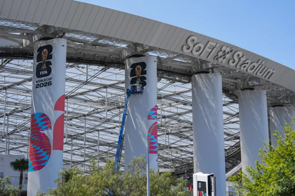 FIFA World Cup 2026 signage is displayed at SoFi Stadium...
