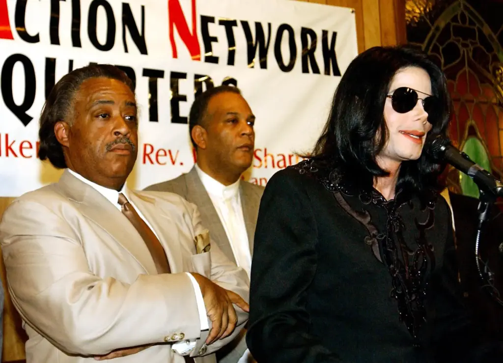Singer Michael Jackson speaks to the crowd at Rev. Al Sharpton's National Action Network headquarters.