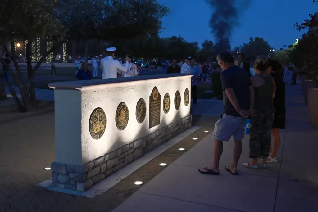 People view a new veterans monument in Rancho Santa Margarita,...