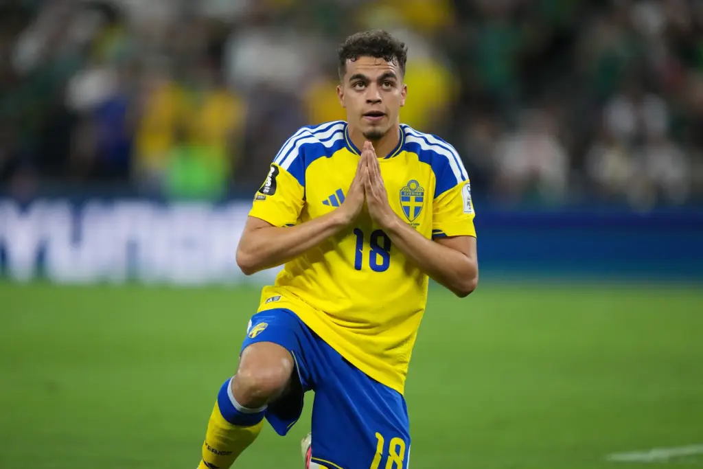 Sweden’s Yasin Ayari (18) celebrates after scoring his side’s opening...