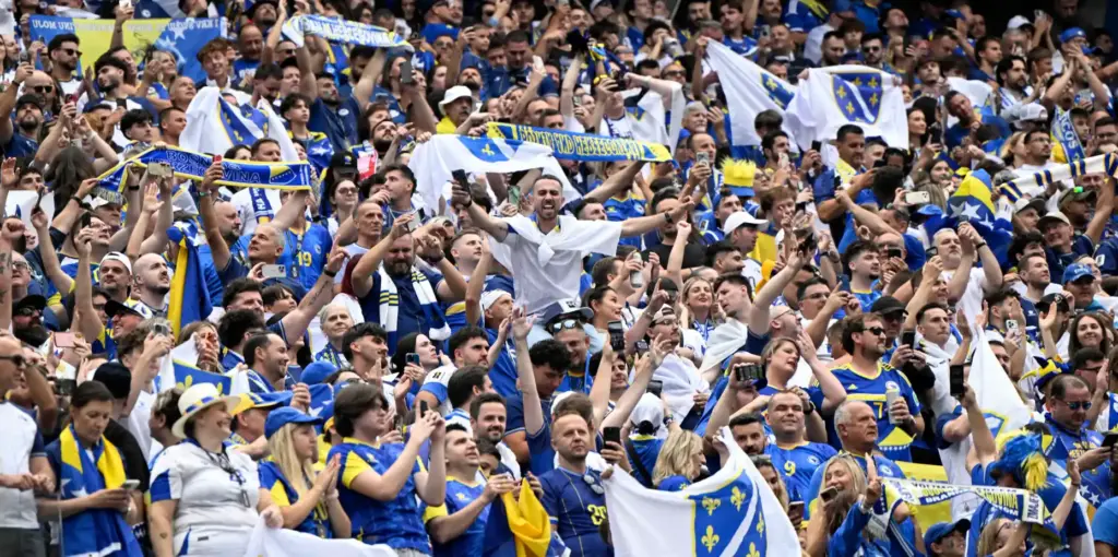 Bosnia-Herzegovina fans cheer during pregame activities prior to playing Switzerland...
