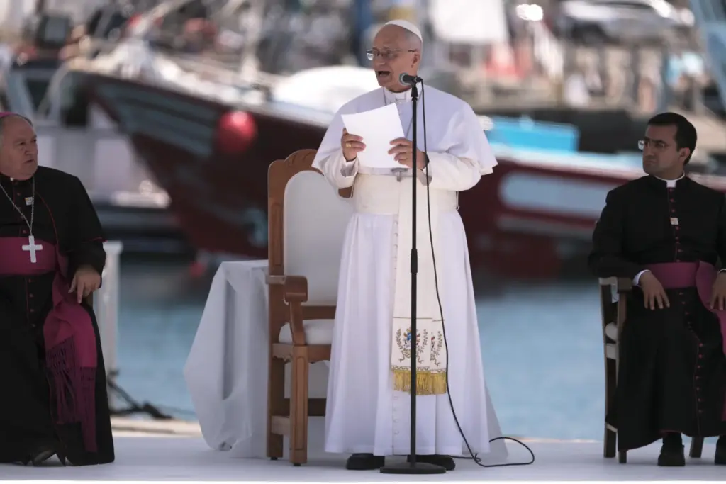 Pope Leo XIV attends a meeting with organizations working with...
