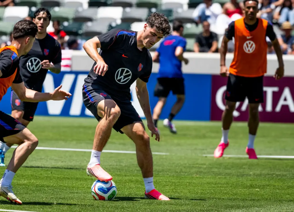 U.S. Menâs National Team player Gio Reyna practices with his...