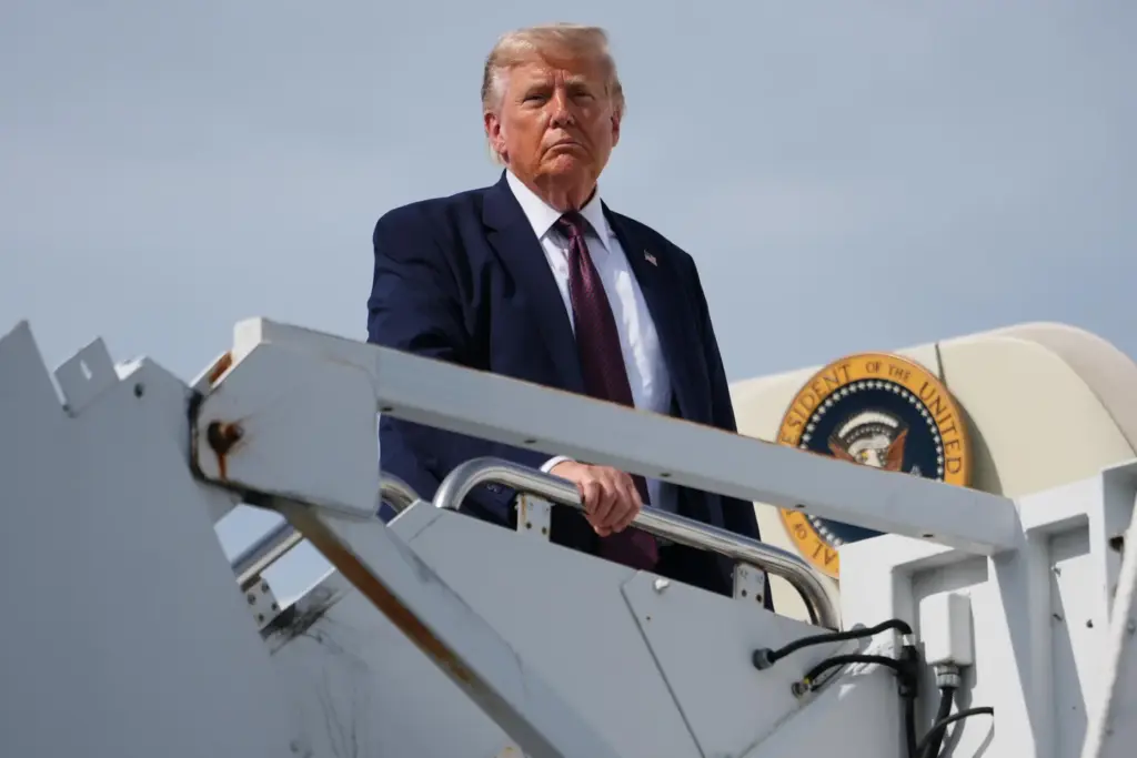 President Donald Trump boards Air Force One at Reading Regional Airport.