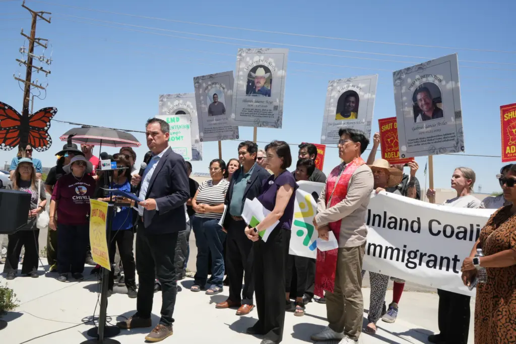 Representative Pete Aguilar (D-San Bernardino) speaking at a press conference...