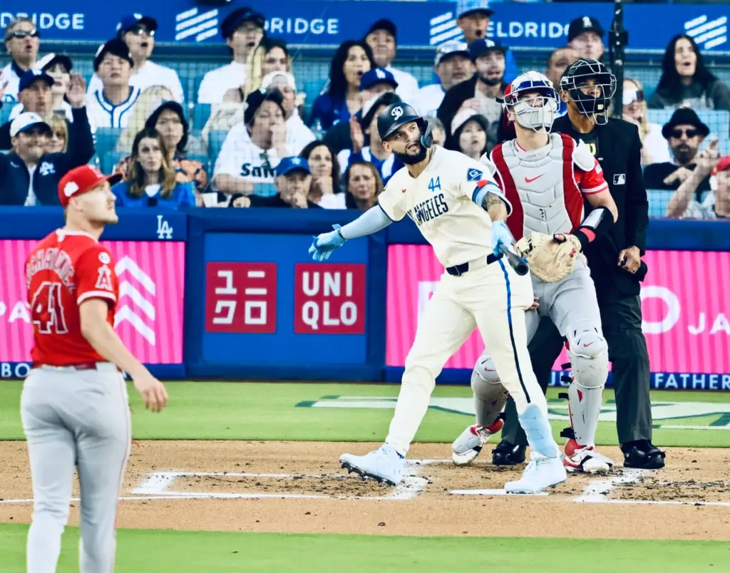 Andy Pages #44 of the Dodgers hits a two run...