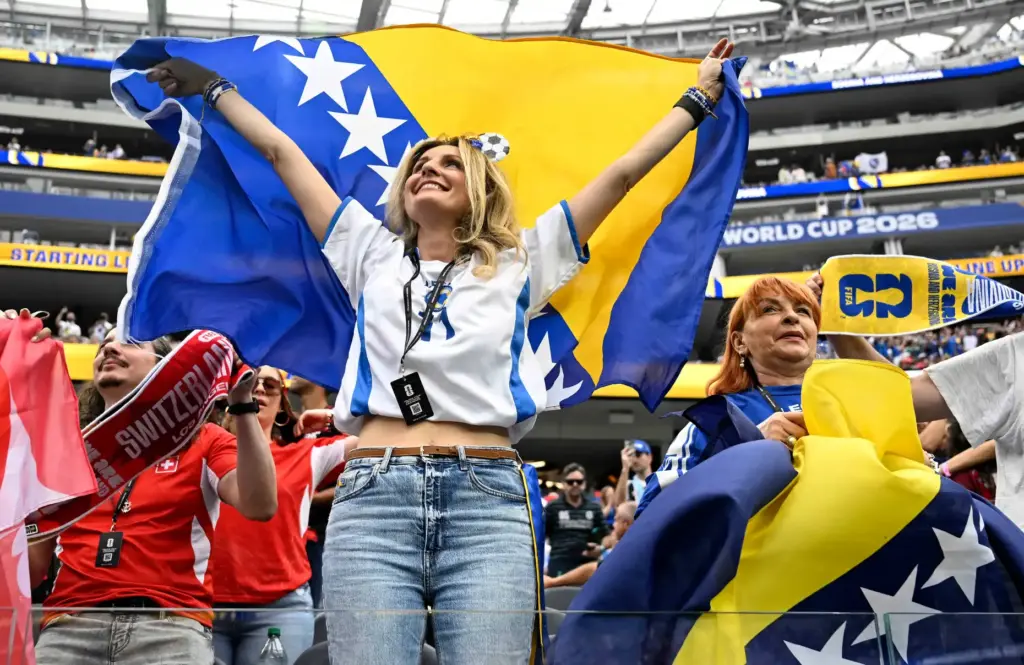 Bosnia-Herzegovina fans cheer during pregame activities prior to playing Switzerland...
