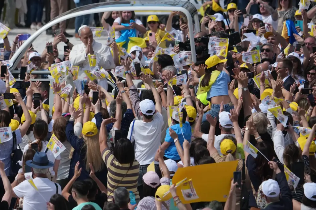 Pope Leo XIV arrives in Calipari Square in Acerra, near Naples, Italy.