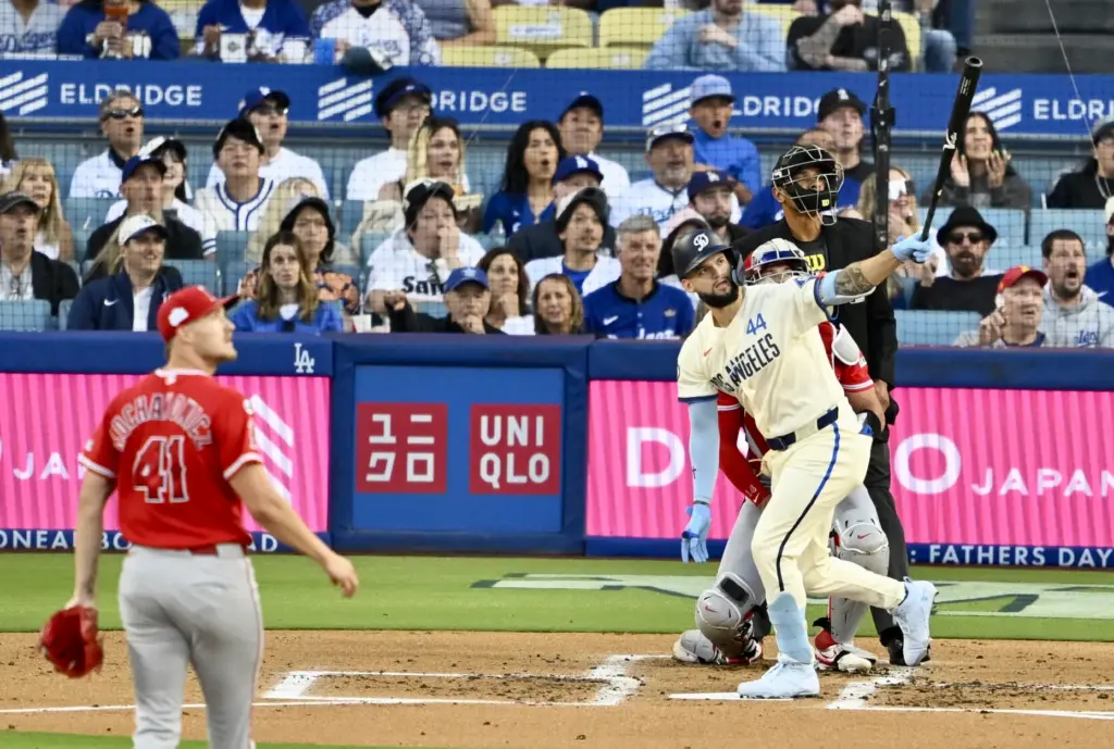 Andy Pages #44 of the Dodgers hits a two run...