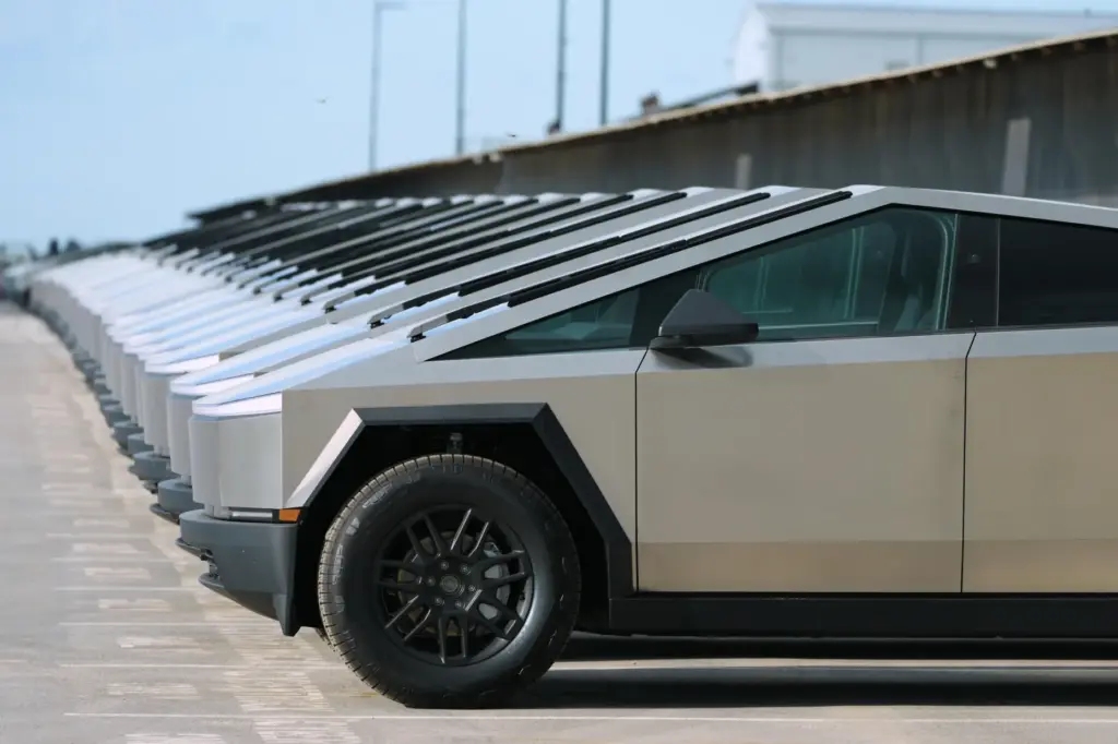 New Tesla Cybertrucks are seen at SpaceX's Starship facility in Starbase, Texas.
