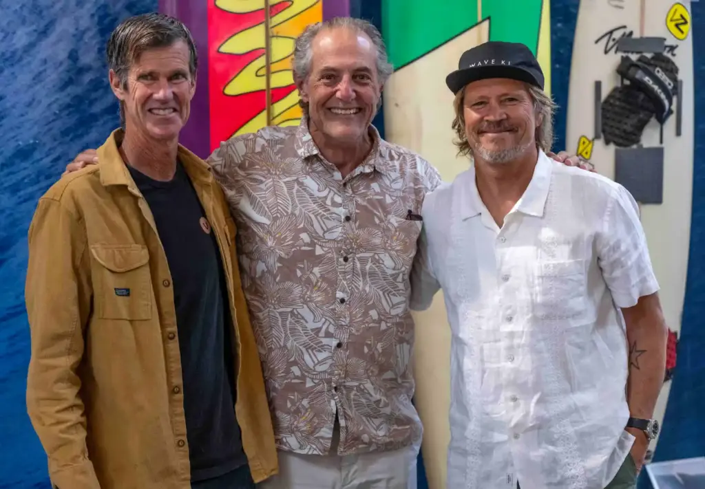 Well-known surfers Mike Parson, Shaun Thomson and Brad Gerlach, from...