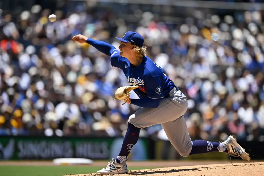 Dodgers pitcher Emmet Sheehan delivers during the first inning of...