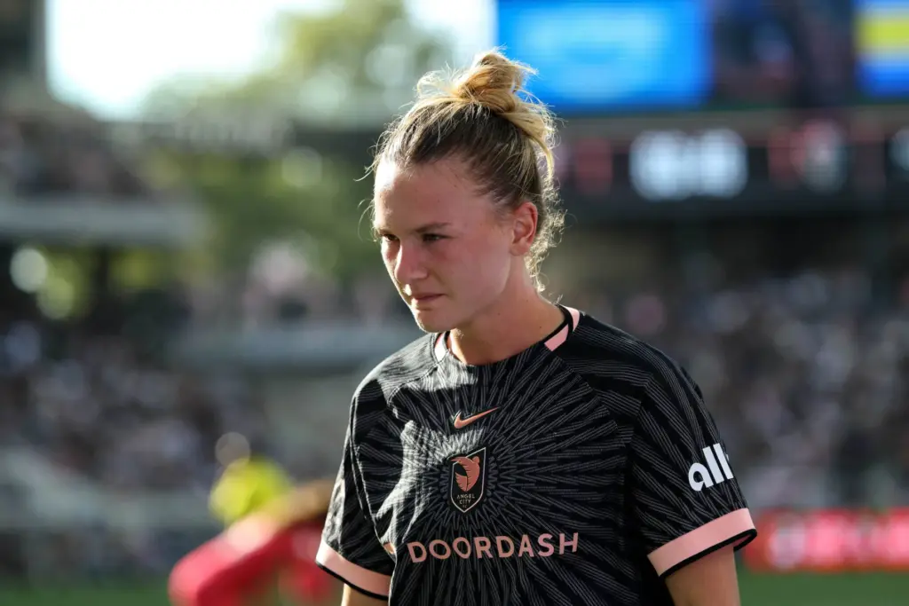 Angel City FC midfielder Kennedy Fuller leaves the pitch during...