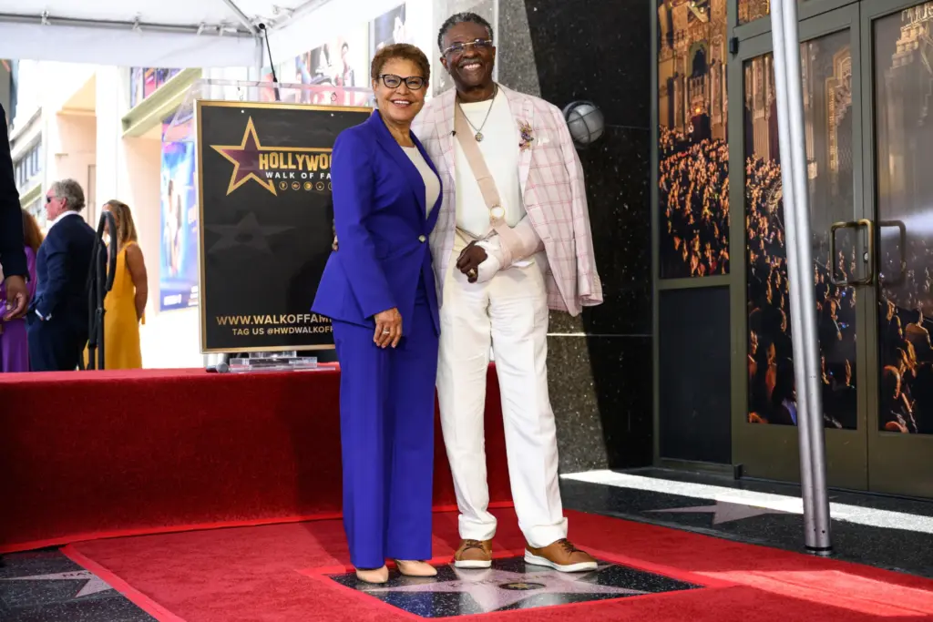 Keith David poses with Mayor Karen Bass during his star...