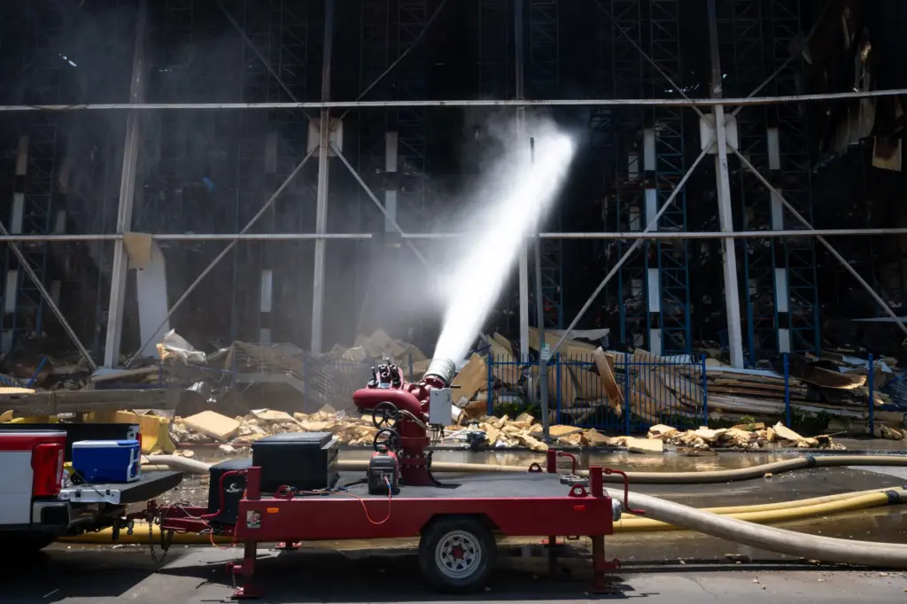 Firefighters use a high-powered water canon from Texes to douse...