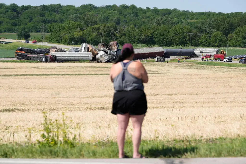A woman records on a phone after a train derailed...